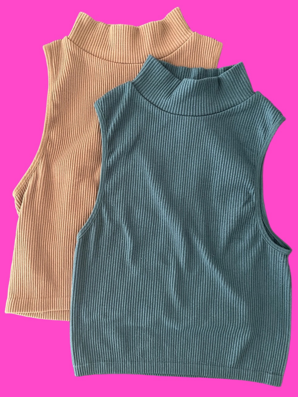 ZARA ~ Set of 2 Sleeveless Ribbed Mock Neck Cropped Tops (1 Tan / 1 Blue)